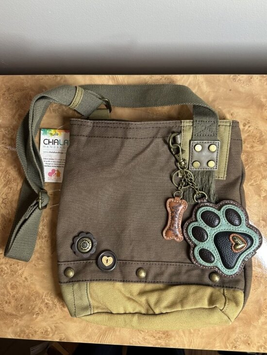 Chala Handbags - Chala Dog Paw Canvas Crossbody Bag NWT Brown Green Vegan Messenger Purse